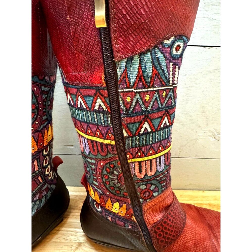 Socofy Calf High Women's Boots Boho Embroidered Tapestry Upper Red Leather SZ 39 - Picture 7 of 11
